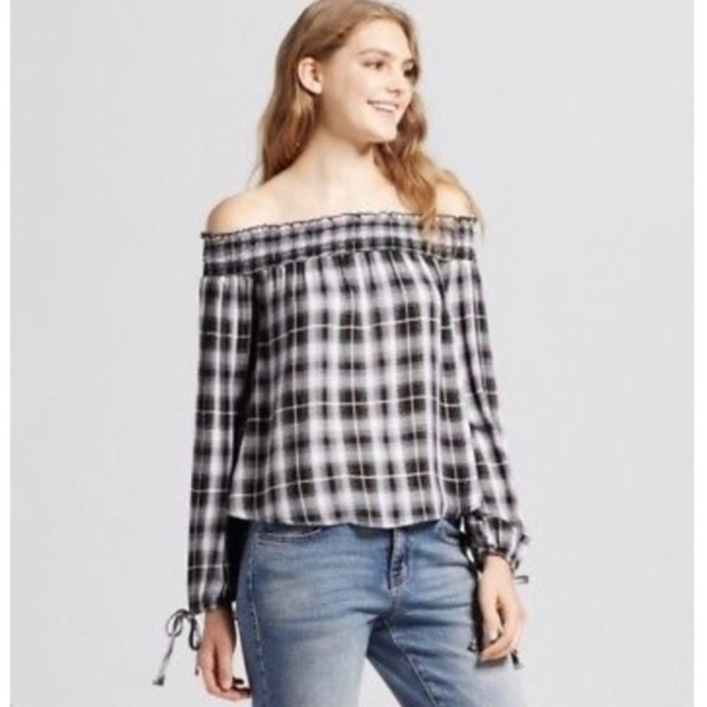 Mossimo Black & White Plaid Off Shoulder Boho Top Size Medium